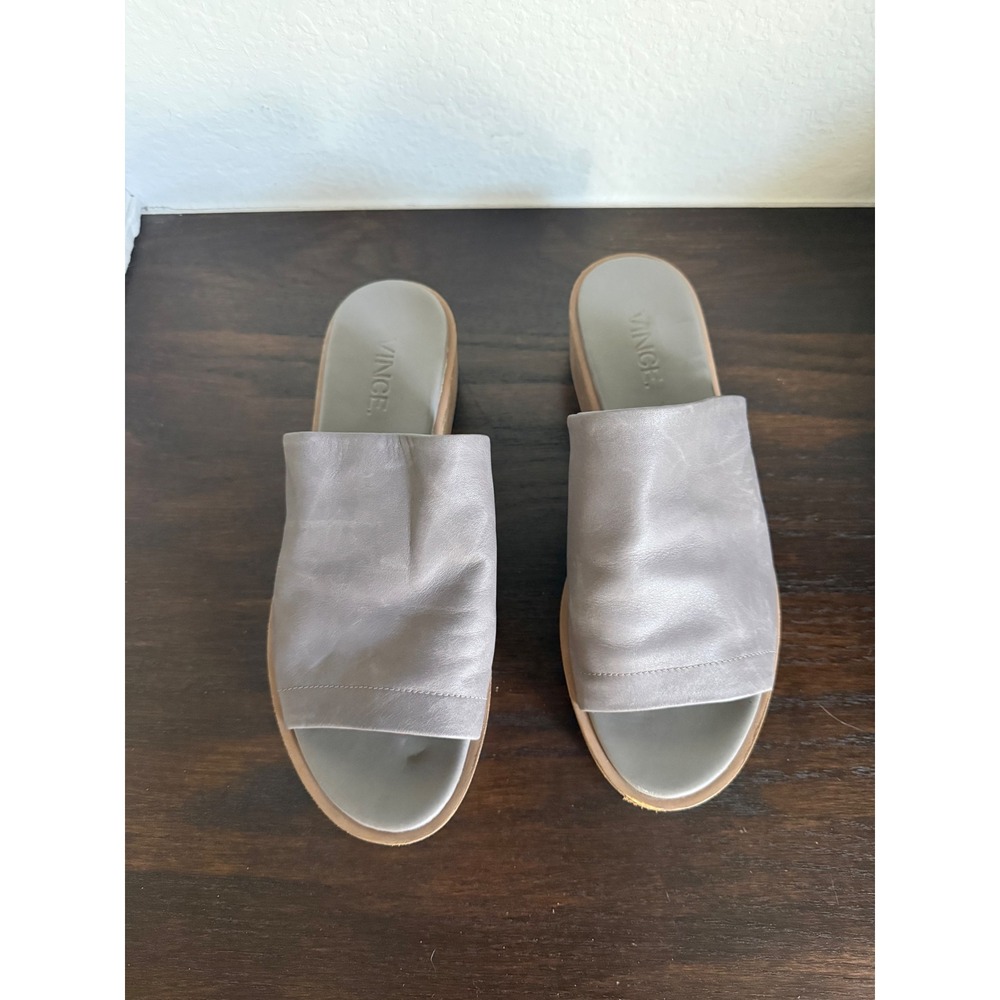 Vince Grey Leather Platform Wedge Slide Sandals Womens US 7.5 M EUR 38